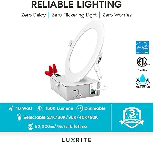 Luxrite 6 Pack 8 אינץ 'LED דק אולטרה דק אור שקוע עם J-Box, 18W, 5 אפשרויות צבע 2700K | 3000K | 3500K | 4000K